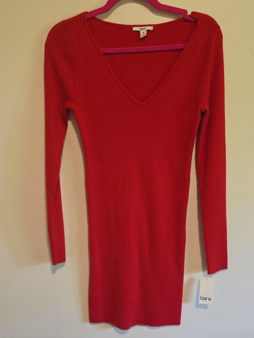 Bar III Red V-Neck Ribbed Sweater Dress